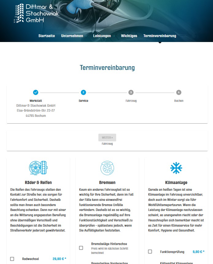 Bildunterschrift: Die Werkstatt hat die Online-Terminbuchung als eigenen Menüpunkt auf ihrer Homepage integriert (www.autodienst-bochum.de)